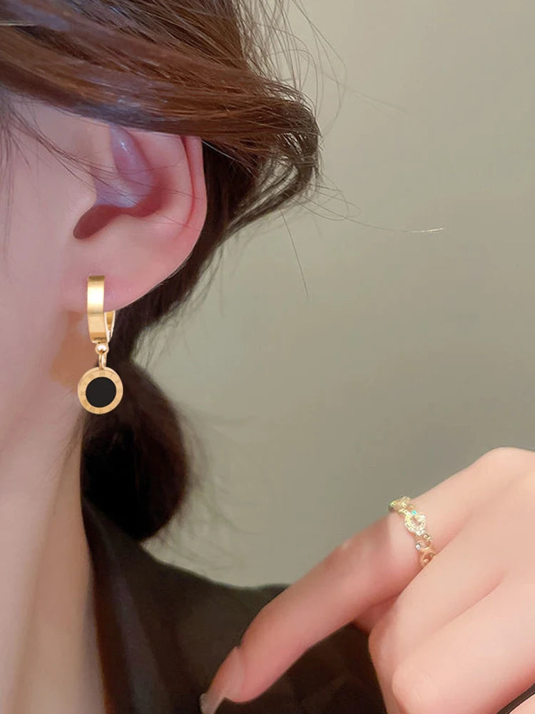 Stainless steel Roman numerals Black and white shell hoops earrings Drop studs Engagement wedding earrings for women