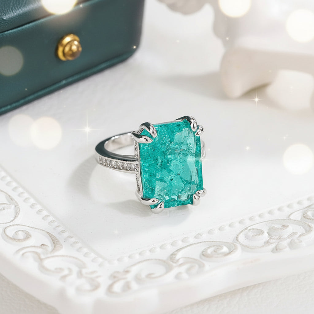 Enchanted Ocean Princess Ring 925 Silver Plated Exquisite Blue Green Moissanite Ring Fire Sparkling Luxury Open Ring Female Party Birthday Jewelry Gift
