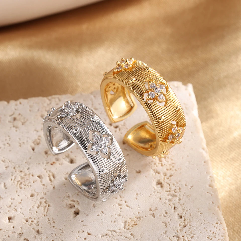 Four-leaf Flower Zircon Open Ring for Women Vintage Gold Color Couple Rings Luxury Jewelry Gift