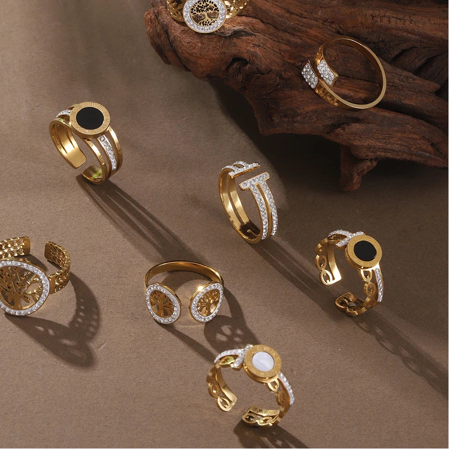 Gold Geometric Ring - Stainless Steel Rhinestone Open Ring | Adjustable Statement Jewellery