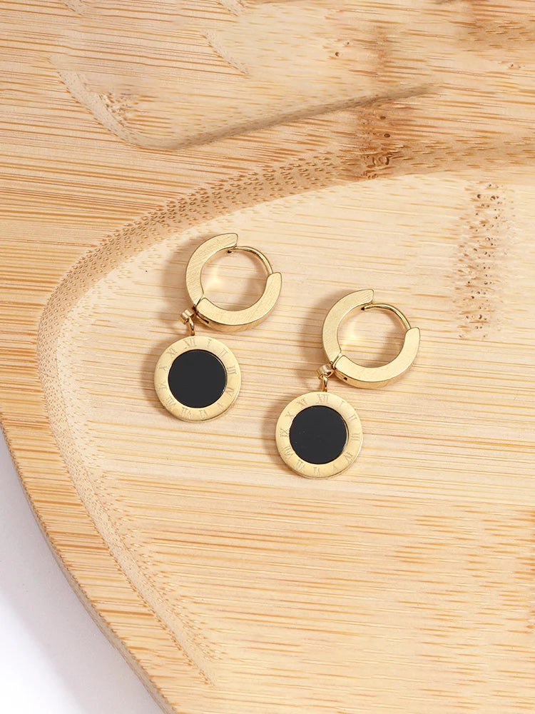 Stainless steel Roman numerals Black and white shell hoops earrings Drop studs Engagement wedding earrings for women