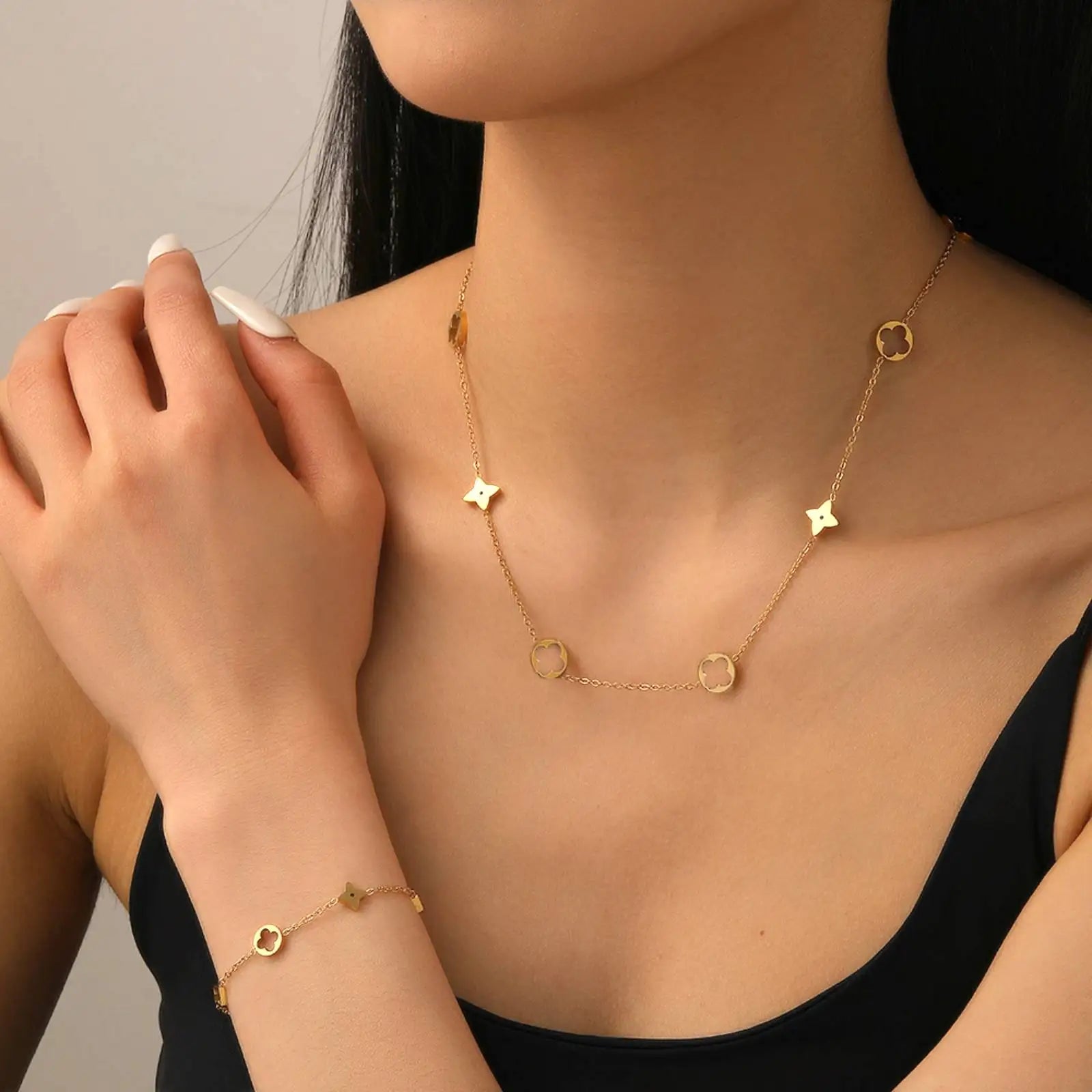 Lucky Clover Necklace & Bracelet Set - Stainless Steel Four Leaf Charm | Gift for Women