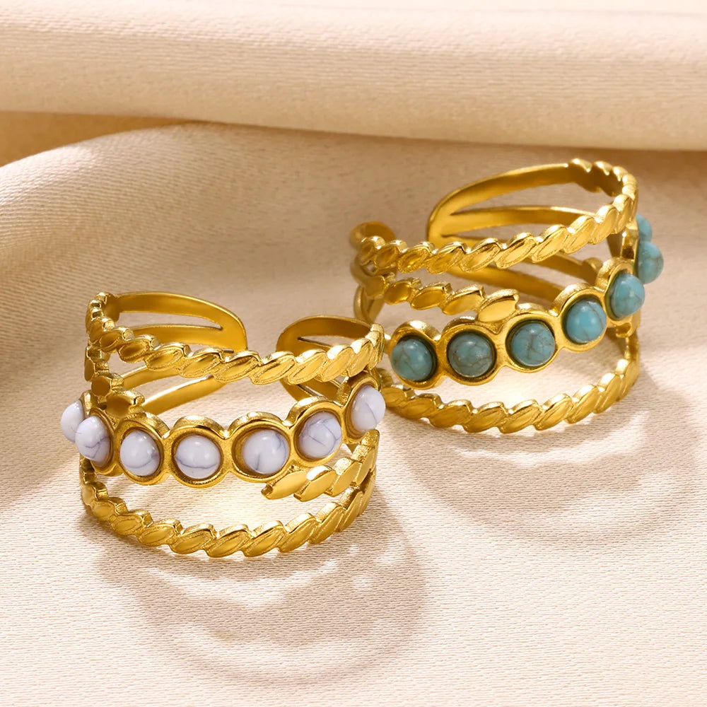 Cleopatra Inspired Boho Blue Natural Stone Ring | Gold Stainless Steel Adjustable Ring for Women