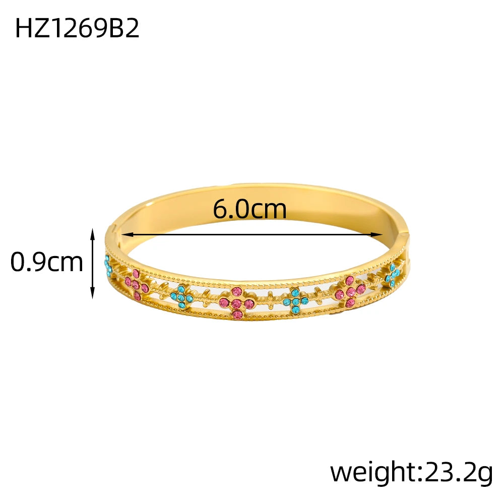 Luxury Bangles Popular Stainless Steel Trendy High Quality Inlaid With Full Zircon Gold Plated Clover Four-leaf Shape Bangles