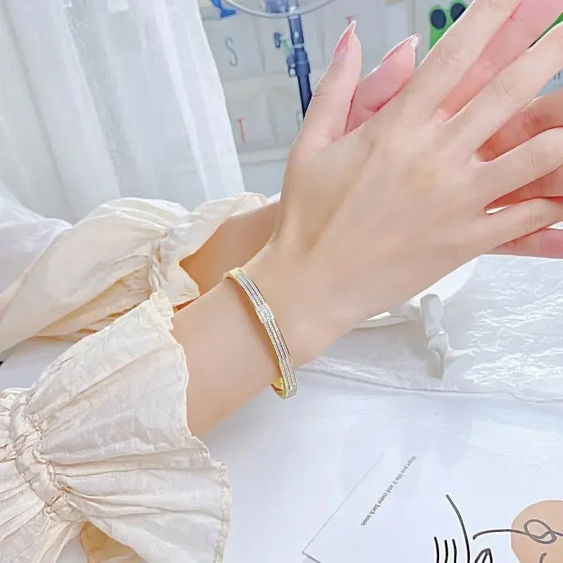 ✨ Luxury Gold Zircon Bangle - Classic Stainless Steel Bracelet for Women