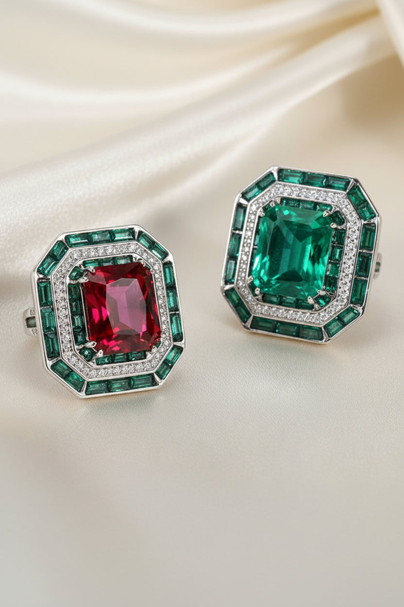Vintage Ruby & Emerald Gemstone Ring | Lab Diamond Wedding Band | Celebrity Inspired Fine Jewellery