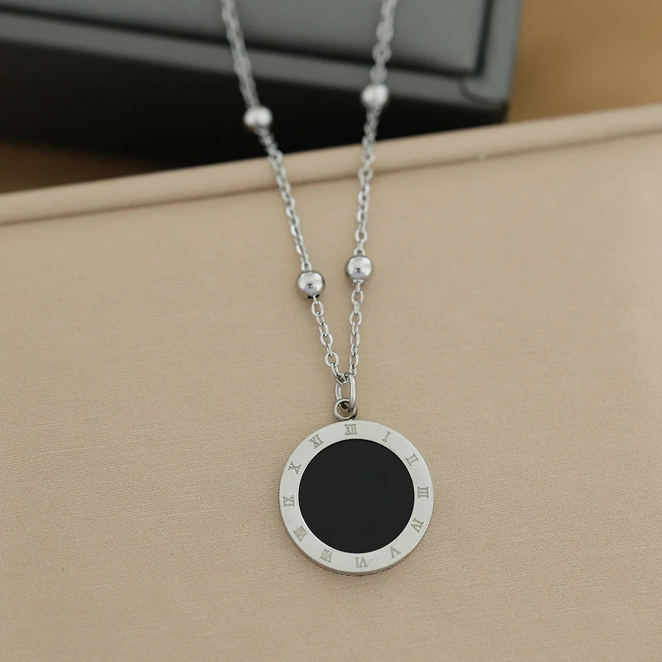 Roman Numeral Wafer Pendant Necklace | Stainless Steel Choker for Women