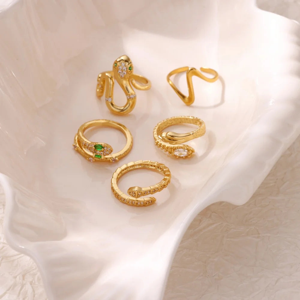 Green Zircon Eye Snake Rings For Women Men Gold Color Stainless Steel Open Adjustable Finger Ring Vintage Gothic Jewelry Gift