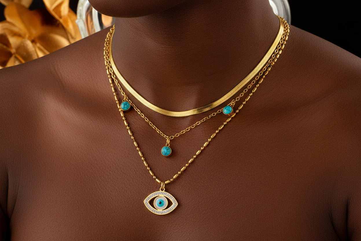 Cleopatra inspired Jewelry Stainless Steel Lock Blue Eyes Pendant Necklace For Women New Multilayer Choker Chain Jewelry Gifts