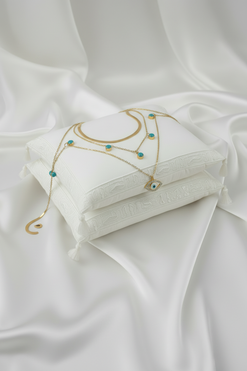 Gold necklace with green gemstones on a white fabric background