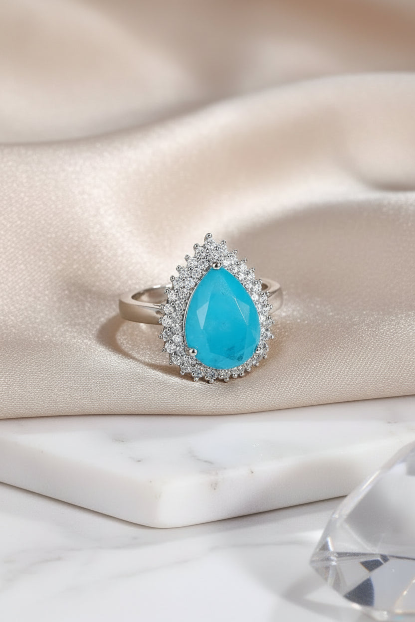 Paraiba Flower Sapphire & Zircon Couple Ring | Sterling Silver | Valentine's Gift