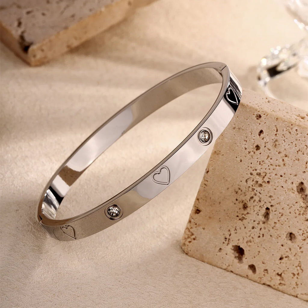 Heart CZ Bangle  Unisex Stainless Steel Cuff Bracelet for Women & Men