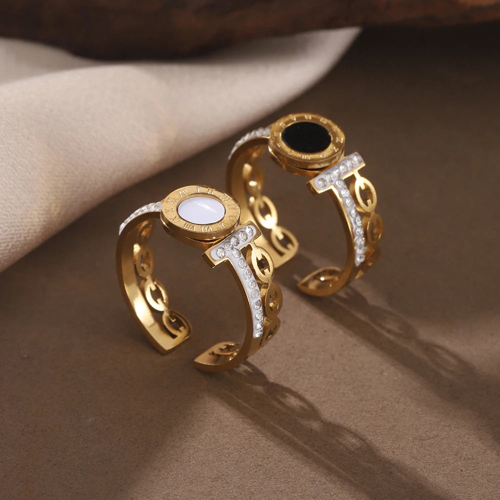 Gold Geometric Ring - Stainless Steel Rhinestone Open Ring | Adjustable Statement Jewellery