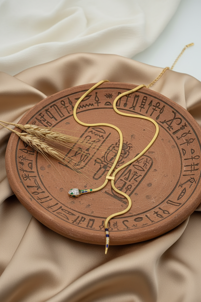 Gold necklace with blue accents on a white cushioned box