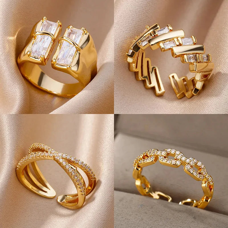 Geometric Irregular Square Zircon Ring For Women Stainless Steel Gold Plated Opening Ring Wedding Party Fashion Jewerly Gift Free Shipping