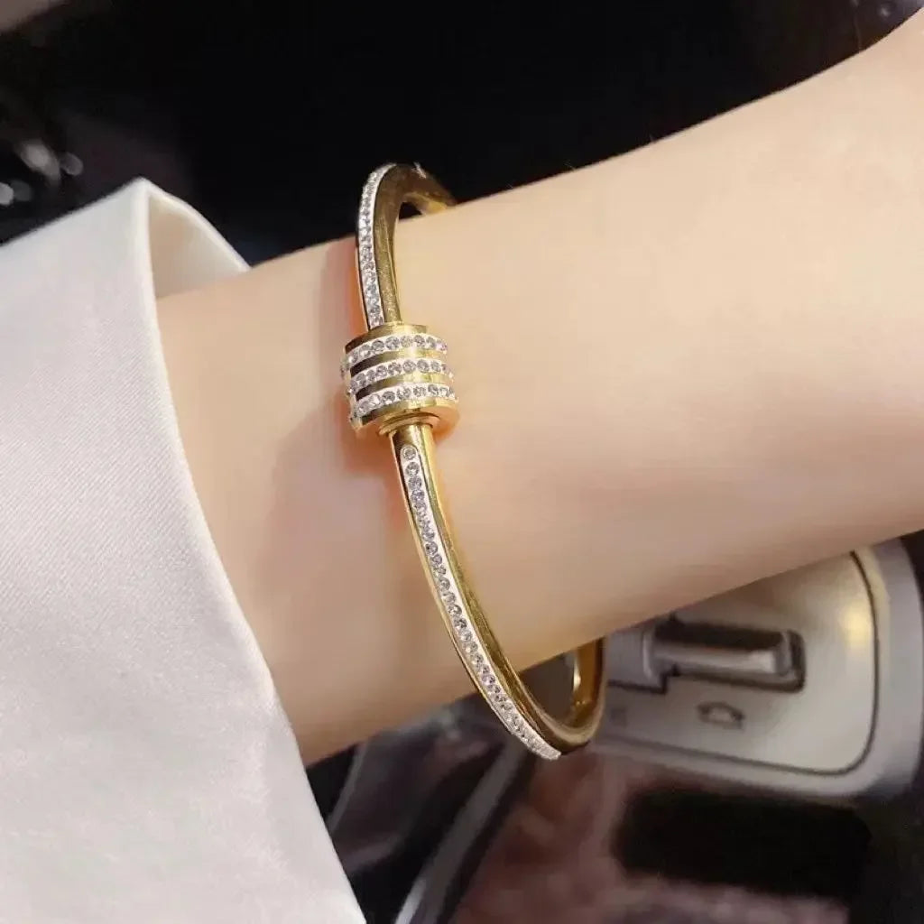 ✨ Luxury Gold Zircon Bangle - Classic Stainless Steel Bracelet for Women
