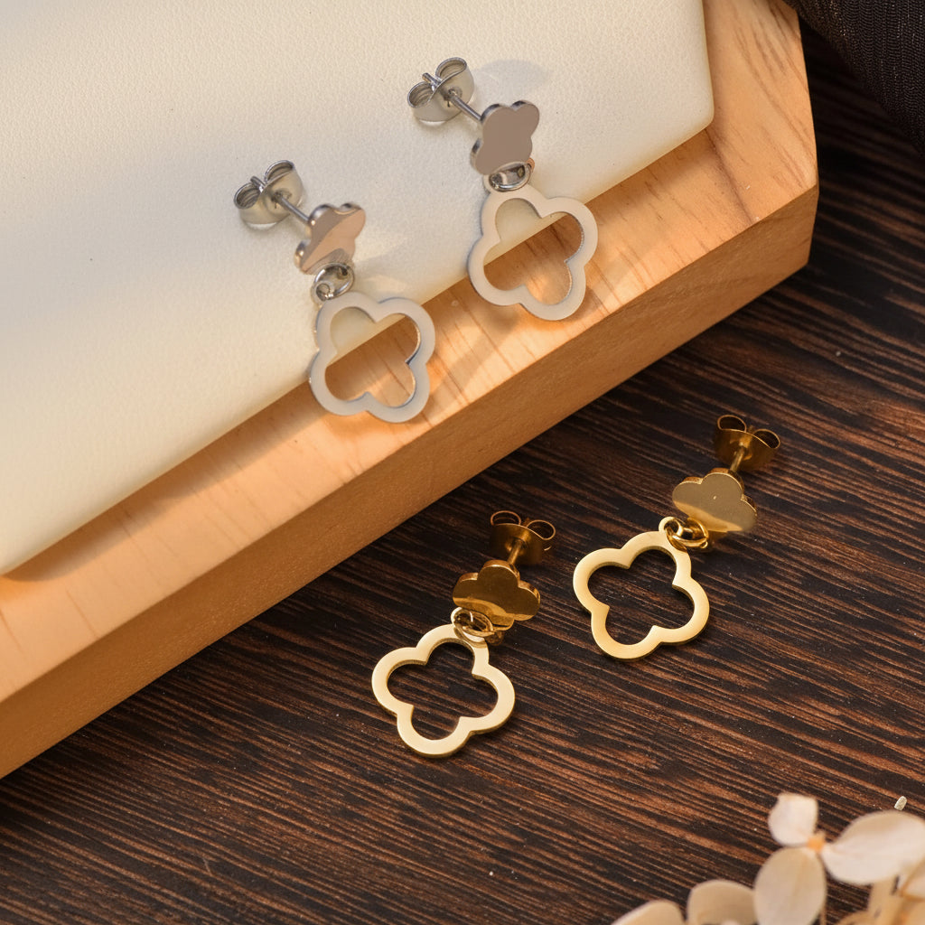 Lucky Flower 4-Petal Earrings | Gold Stainless Steel Statement Earrings for Women