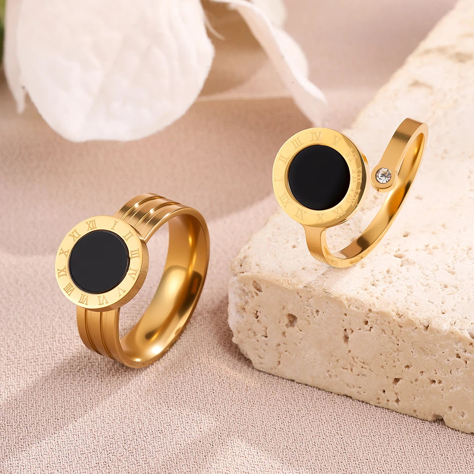 Yupsk 2Pcs 316L Stainless Steel Ring For Women Roman Numerals Acrylic Shells Casual Finger Rings Jewelry Gifts for Couples
