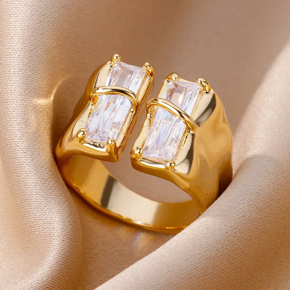 Geometric Irregular Square Zircon Ring For Women Stainless Steel Gold Plated Opening Ring Wedding Party Fashion Jewerly Gift Free Shipping