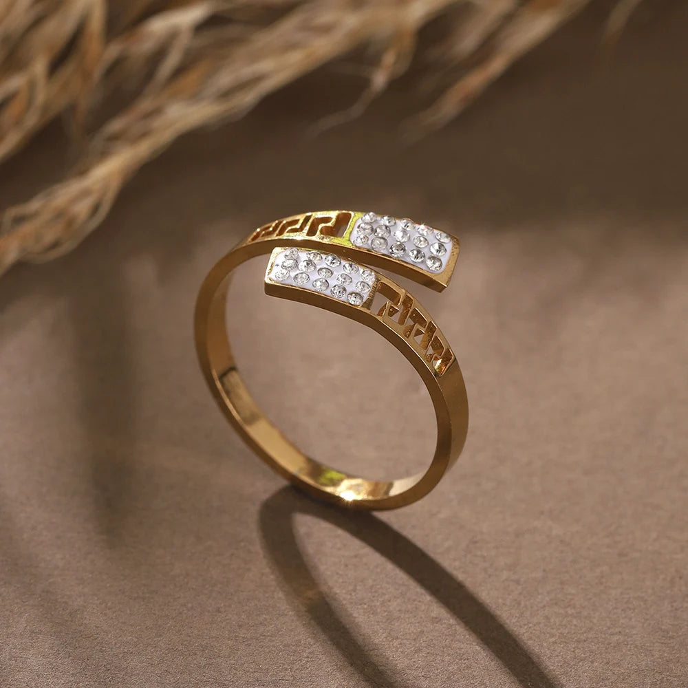 Gold Geometric Ring - Stainless Steel Rhinestone Open Ring | Adjustable Statement Jewellery