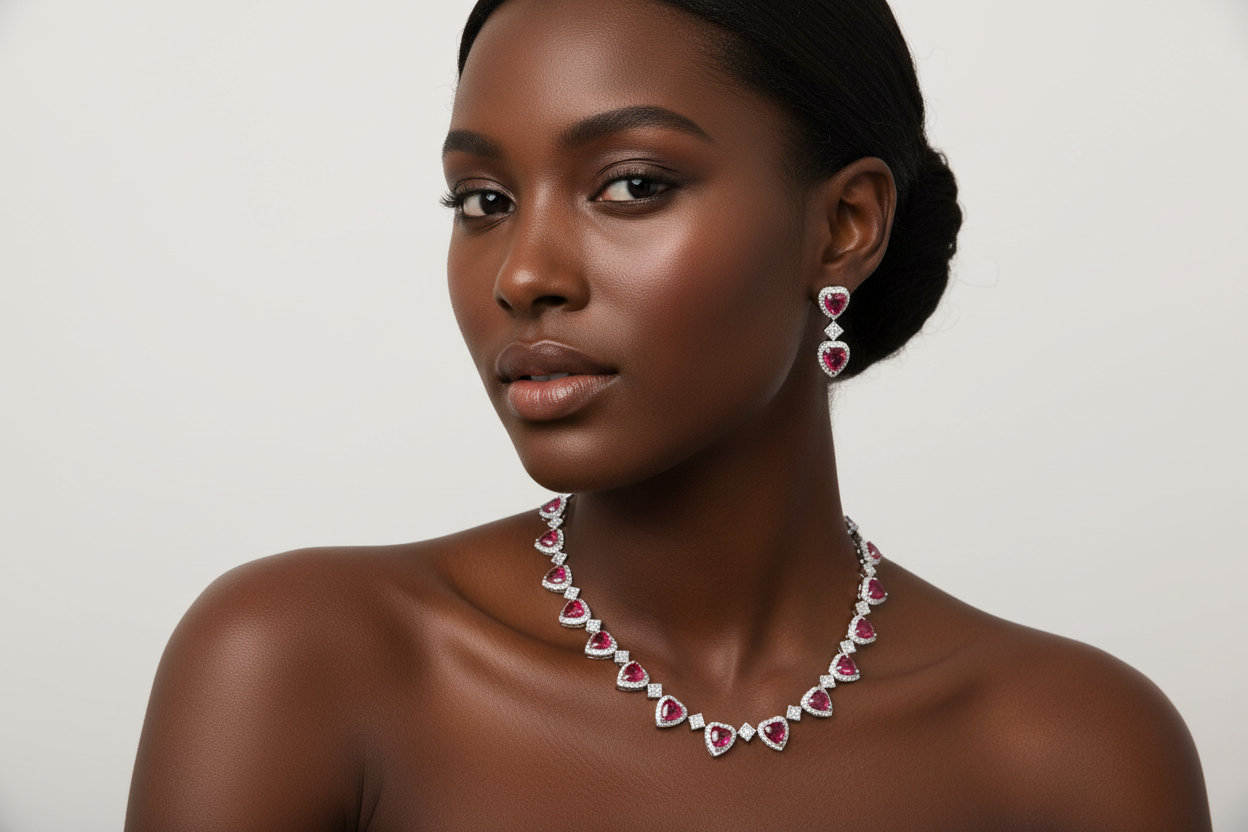 Woman wearing a heart-shaped jewelry set on a plain background