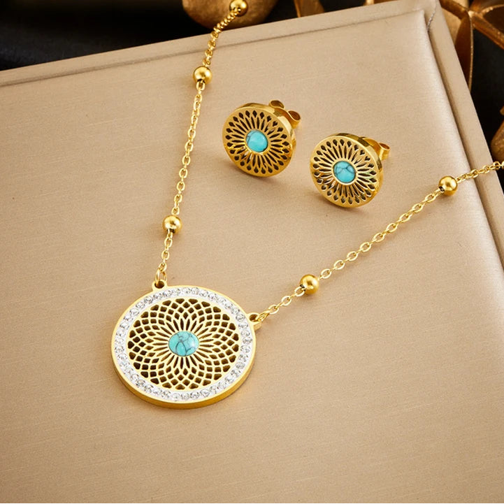 Cleopatra Inspired Turquoise Leaves Gold Necklace & Earrings Set