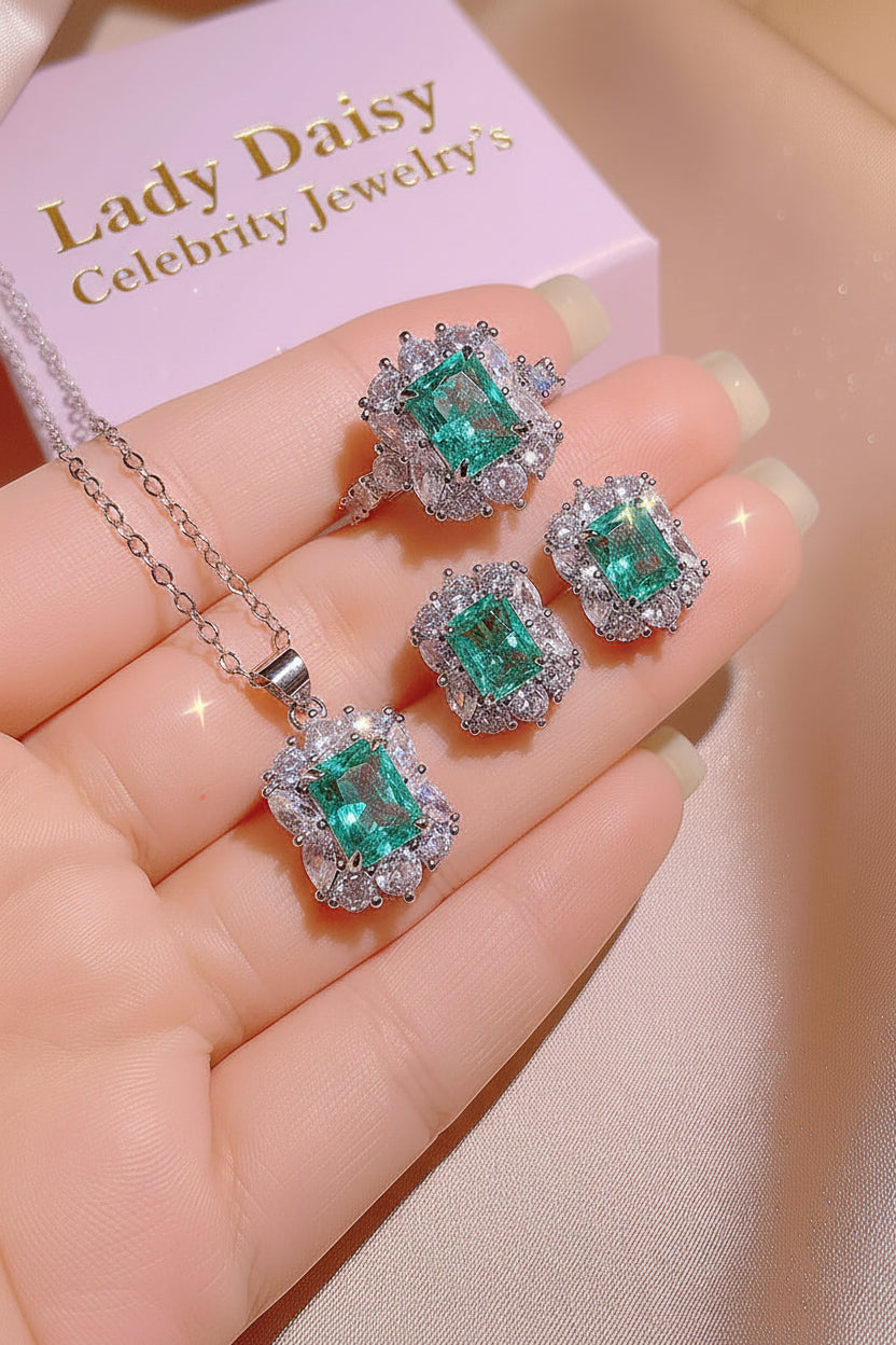 Paraiba Crystal Jewellery Set  Frozen Princess Inspired Zircon Earrings, Ring & Necklace