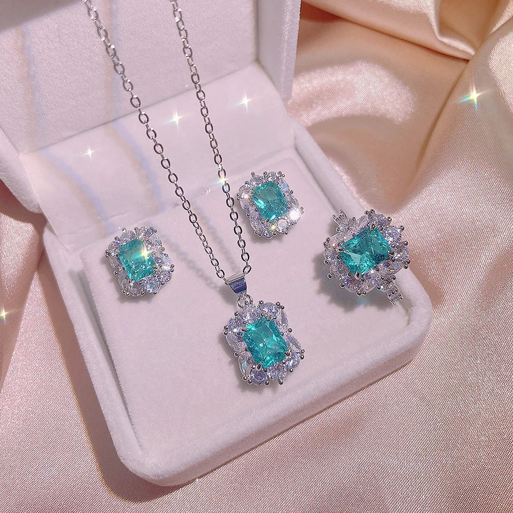 Paraiba Crystal Jewellery Set  Frozen Princess Inspired Zircon Earrings, Ring & Necklace