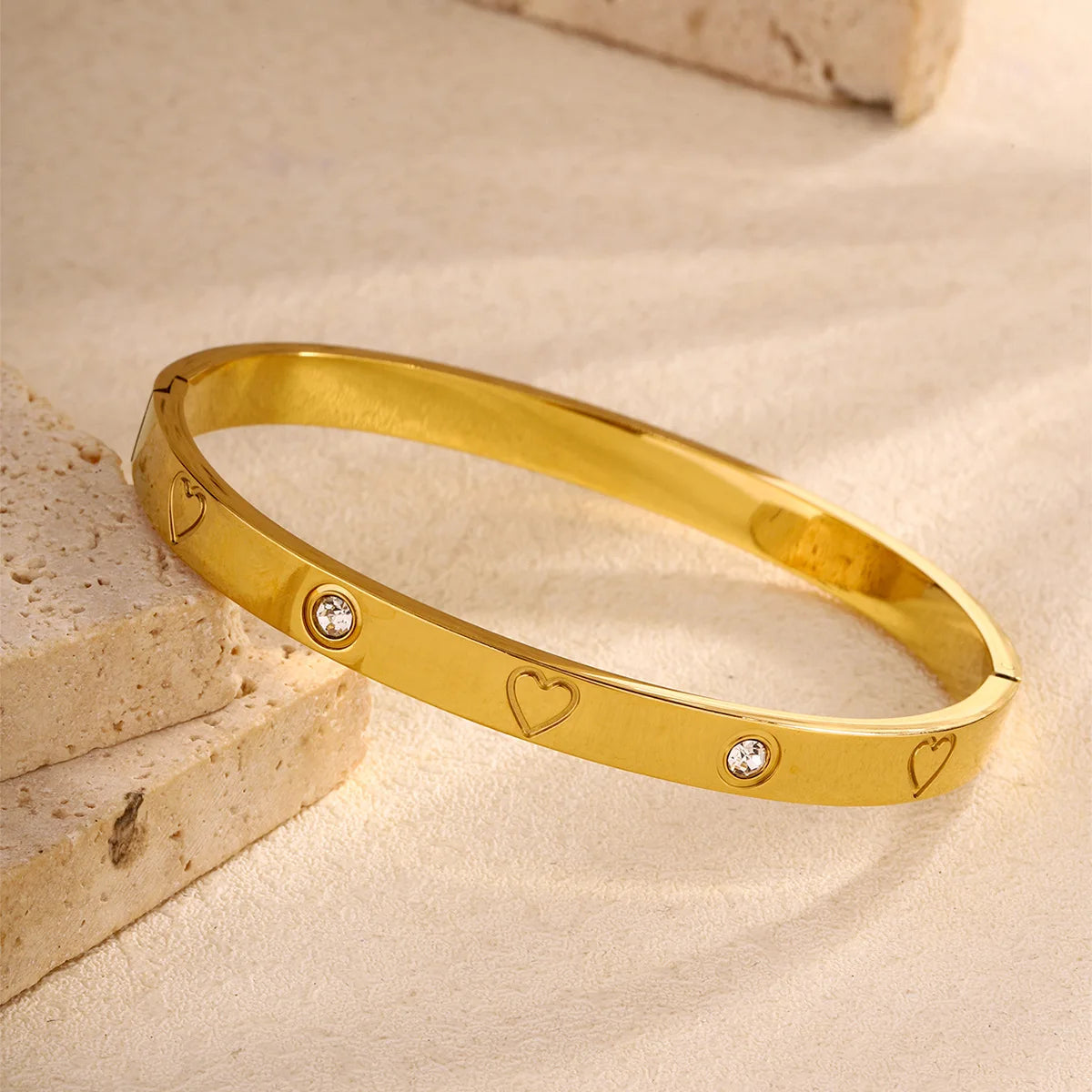Heart CZ Bangle  Unisex Stainless Steel Cuff Bracelet for Women & Men