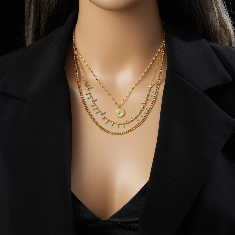 Cleopatra 316L Stainless Steel Golden Necklace – Triple Chain Circle Pendant for Women