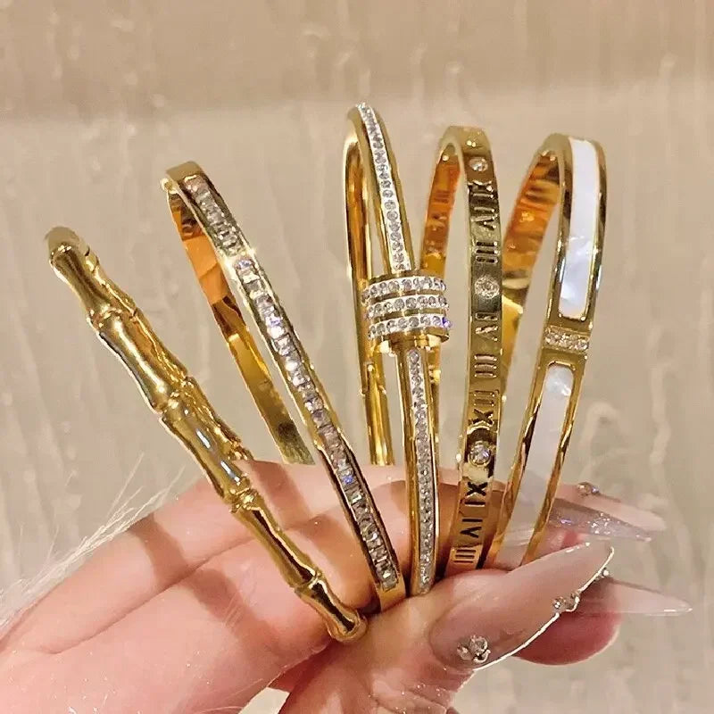 ✨ Luxury Gold Zircon Bangle - Classic Stainless Steel Bracelet for Women