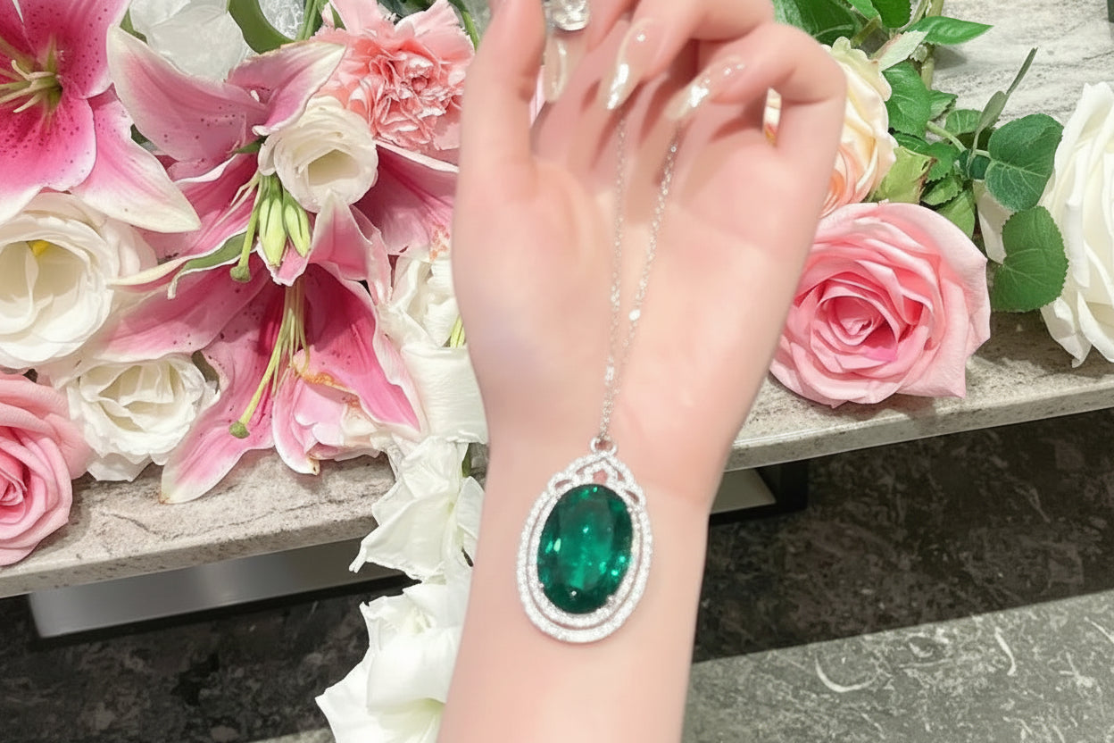 Royal Queen Inspired Emerald Jewelry Set – 12 Carat Lab Emerald Crystal Ring & Necklace | 925 Silver