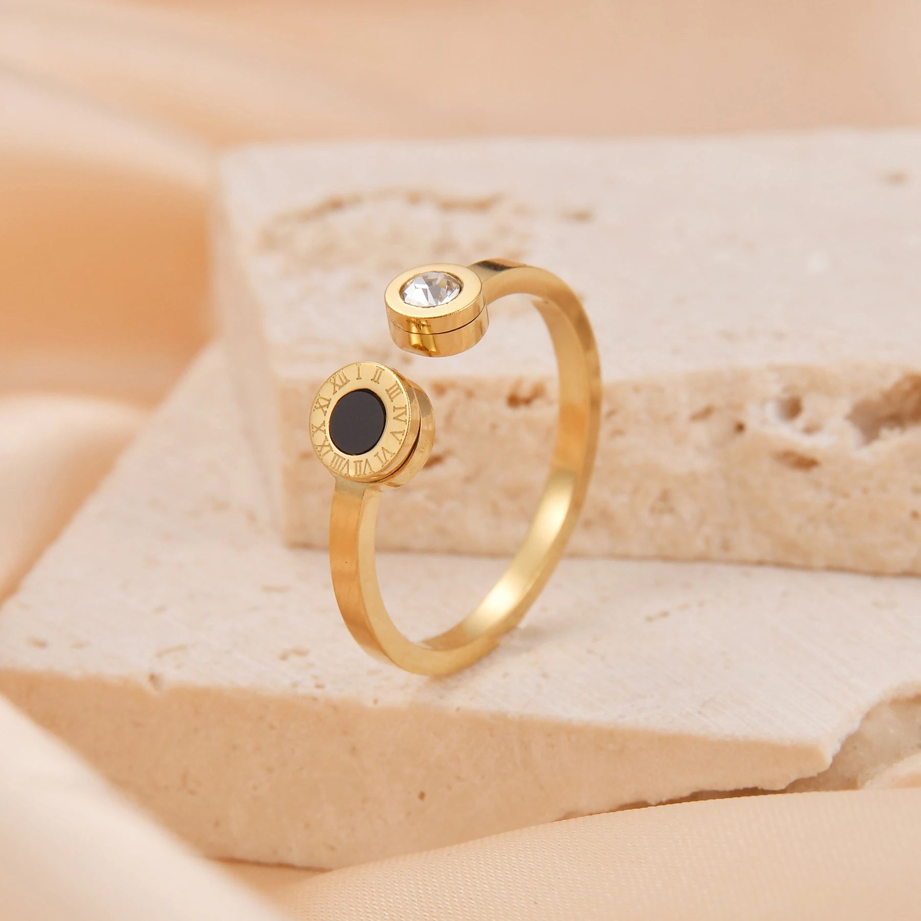 Roman Numeral Adjustable Gold Zircon Band Ring