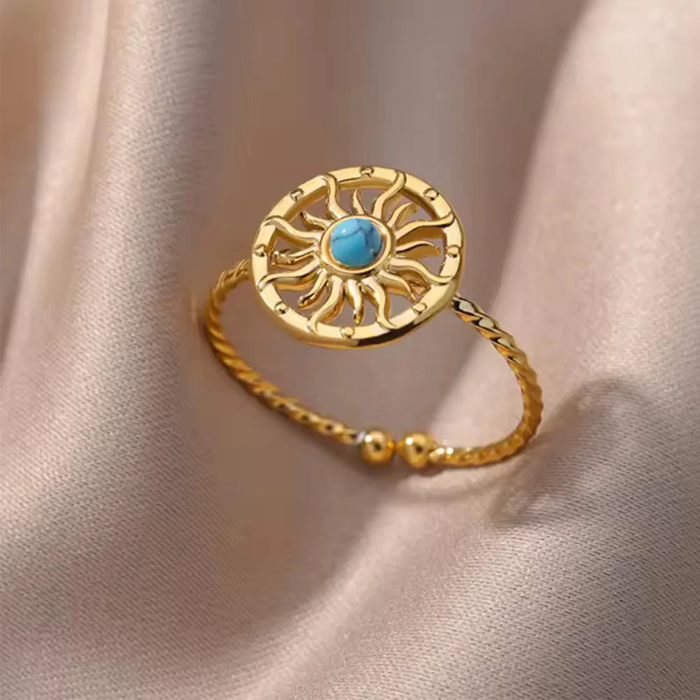Cleopatra Inspired Boho Blue Natural Stone Ring | Gold Stainless Steel Adjustable Ring for Women