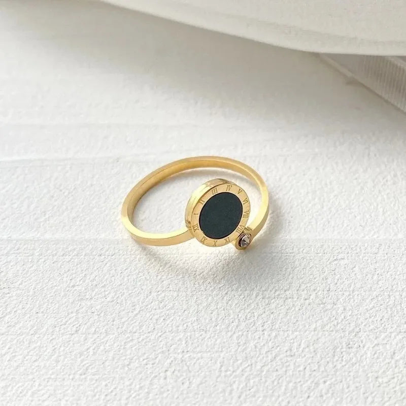 Roman Numeral Personality Design Black Enamel Rings for Women Luxury Stainless Steel Zircon Finger Jewelry Accessory Fastness