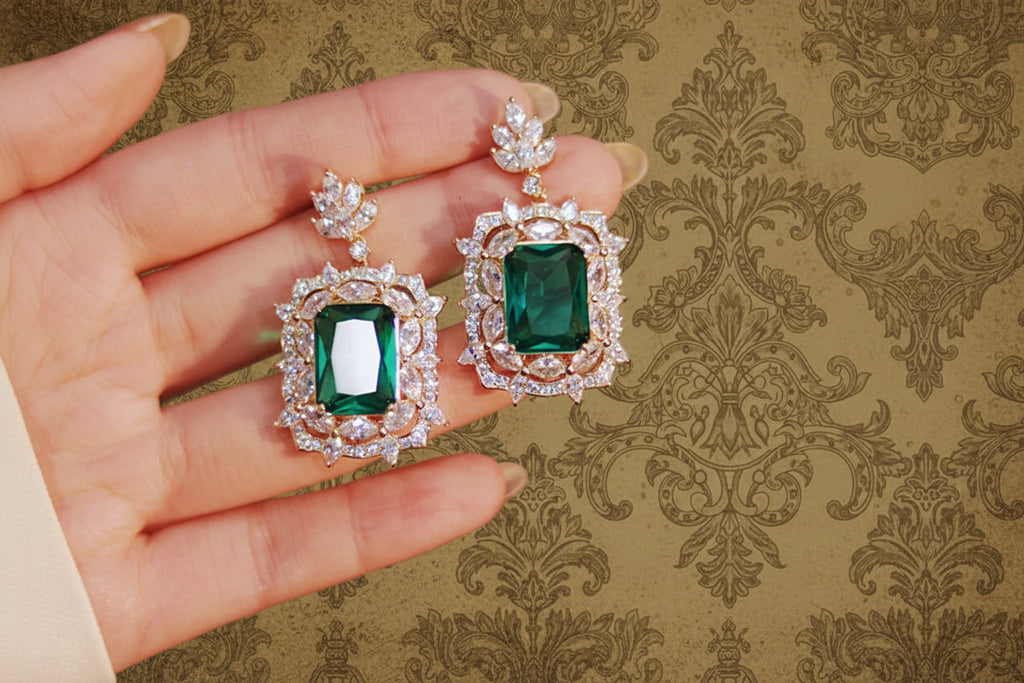 Queen Vintage Inspired Green Cubic Zirconia Dangle Earrings | Luxury Wedding Jewellery