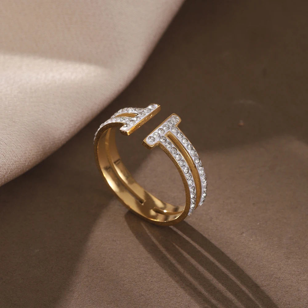 Gold Geometric Ring - Stainless Steel Rhinestone Open Ring | Adjustable Statement Jewellery