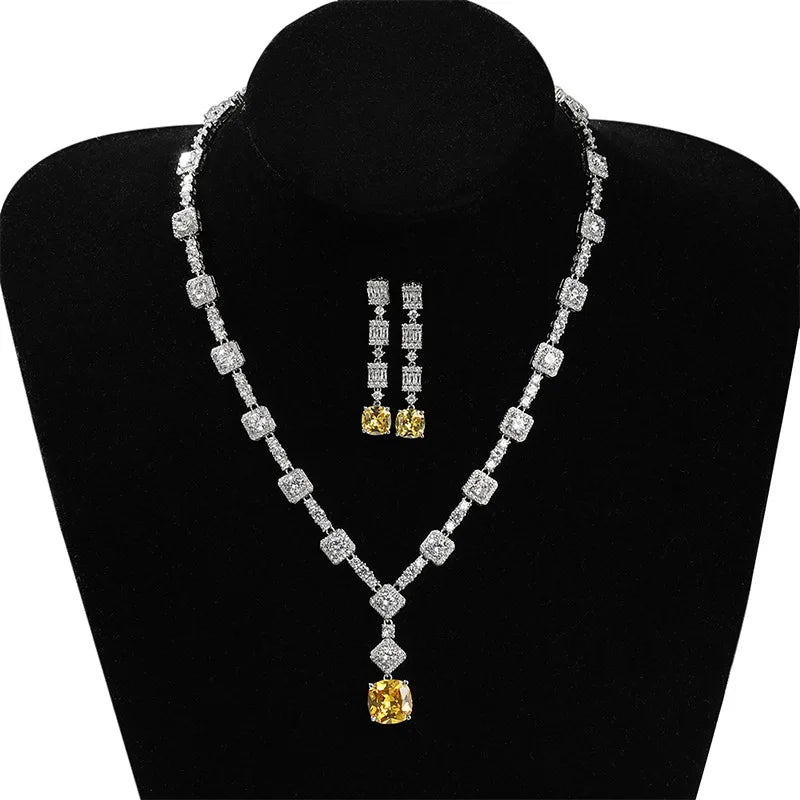 Lady Gaga Inspired Luxury Yellow Canary Crystal Necklace and Earring Set Zirconia Geometric Pendant for Party Accessory