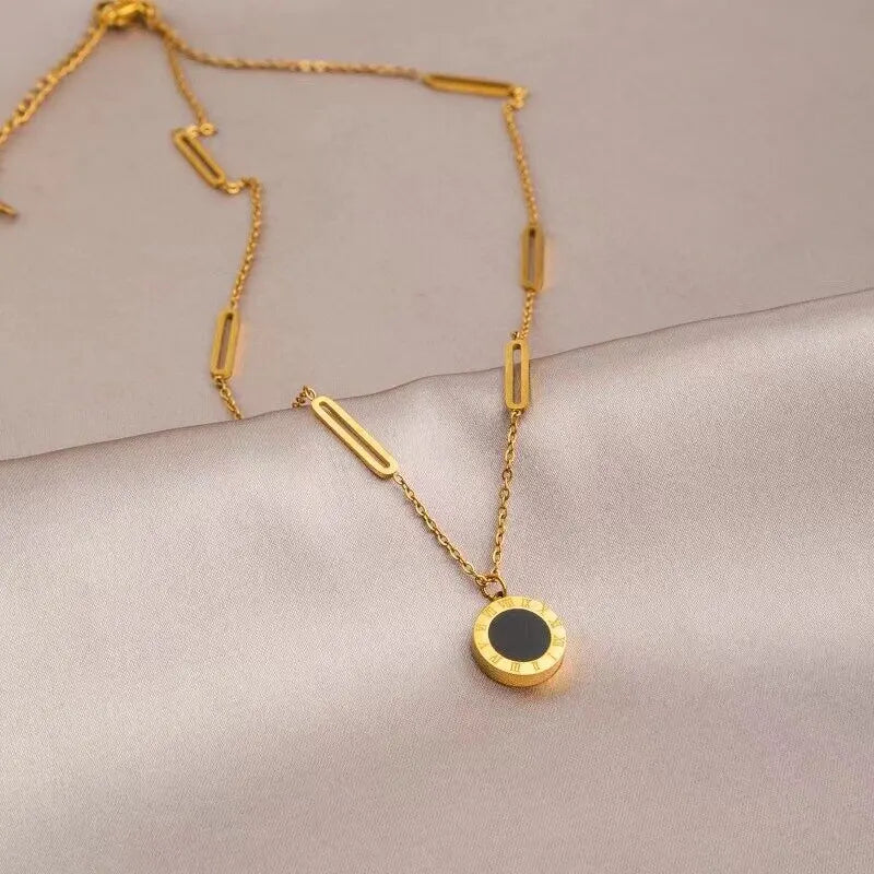 Roman Numeral Wafer Pendant Necklace | Stainless Steel Choker for Women