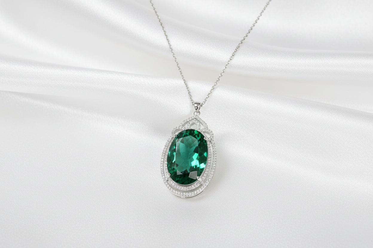 Royal Queen Inspired Emerald Jewelry Set – 12 Carat Lab Emerald Crystal Ring & Necklace | 925 Silver