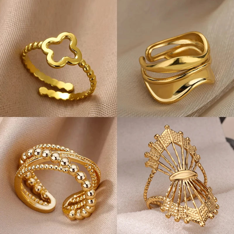 Minimalist Four Leaf Clover Stainless Steel Open Rings for Women Gold Color Aesthetic Wedding Couple Ring Jewelry Accessories
