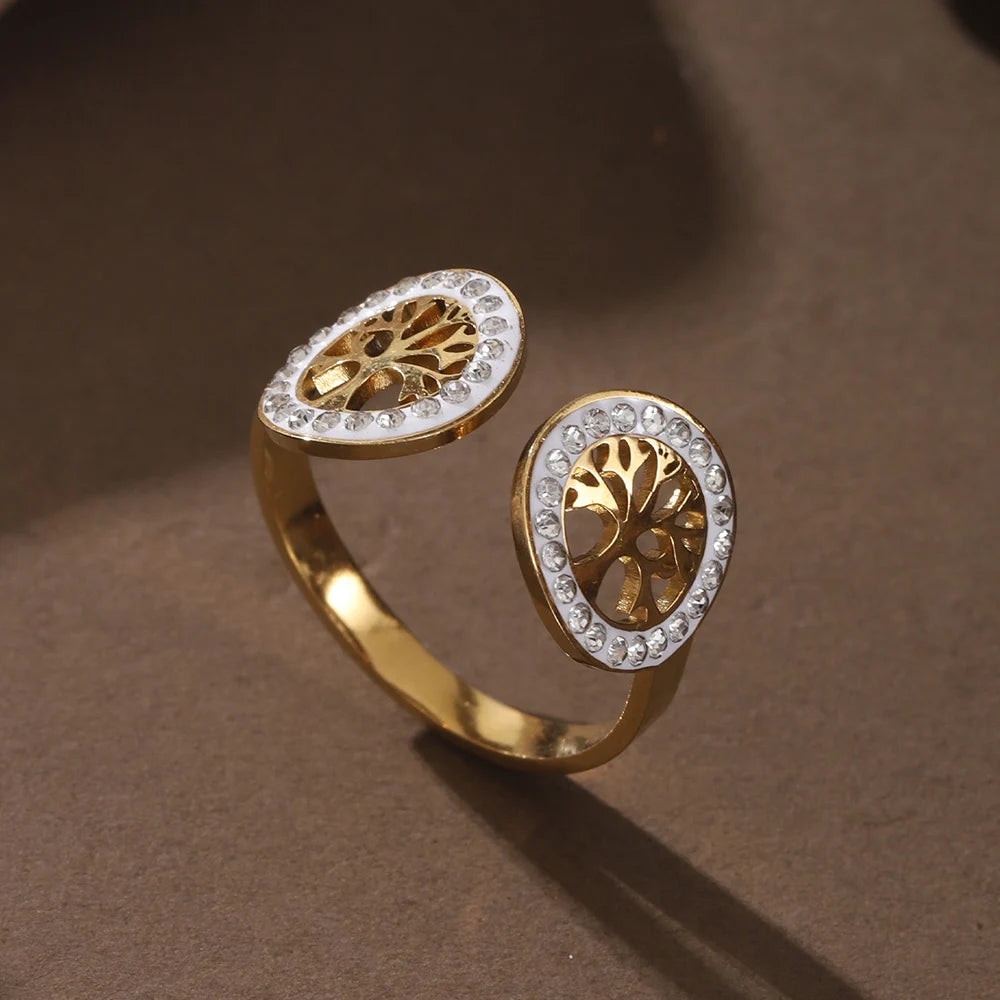 Gold Geometric Ring - Stainless Steel Rhinestone Open Ring | Adjustable Statement Jewellery