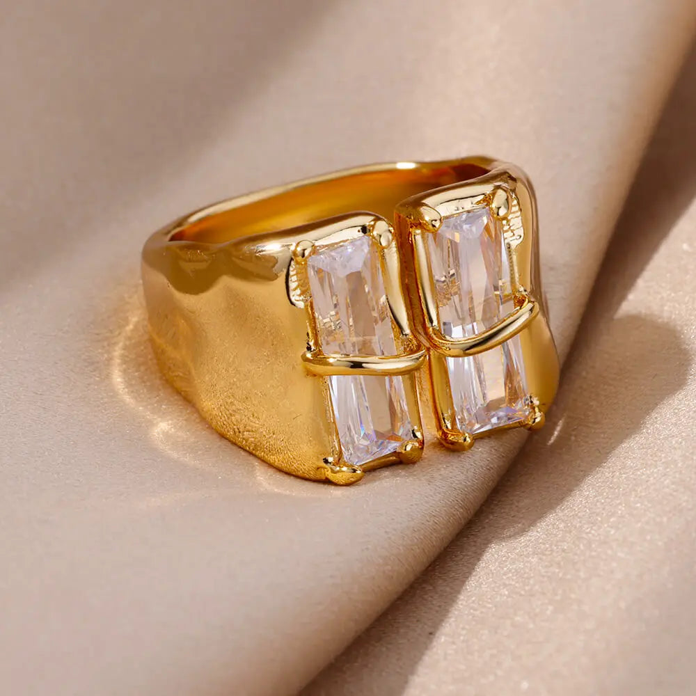 Geometric Irregular Square Zircon Ring For Women Stainless Steel Gold Plated Opening Ring Wedding Party Fashion Jewerly Gift Free Shipping