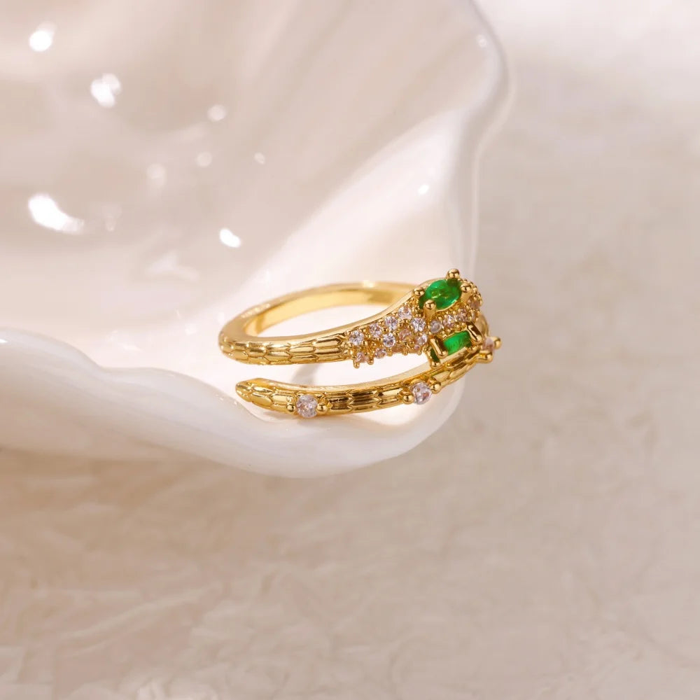 Green Zircon Eye Snake Rings For Women Men Gold Color Stainless Steel Open Adjustable Finger Ring Vintage Gothic Jewelry Gift