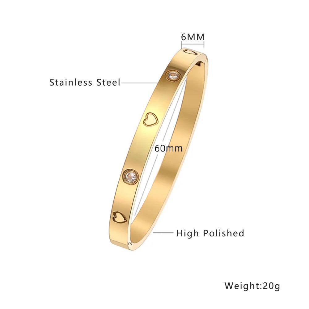 Heart CZ Bangle  Unisex Stainless Steel Cuff Bracelet for Women & Men