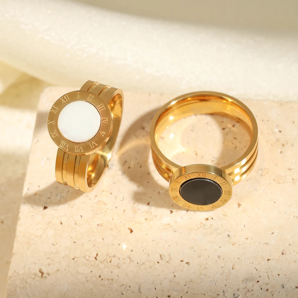 Yupsk 2Pcs 316L Stainless Steel Ring For Women Roman Numerals Acrylic Shells Casual Finger Rings Jewelry Gifts for Couples