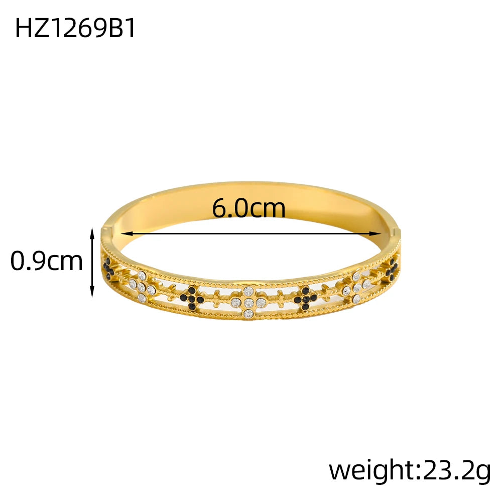 Luxury Bangles Popular Stainless Steel Trendy High Quality Inlaid With Full Zircon Gold Plated Clover Four-leaf Shape Bangles