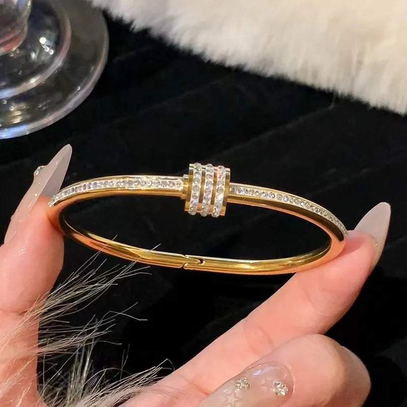 Elegant Gold Color Bangle With Sparkling Rhinestone Glamorous Stainless Steel Bracelet Women's Formal Dinners Jewelry