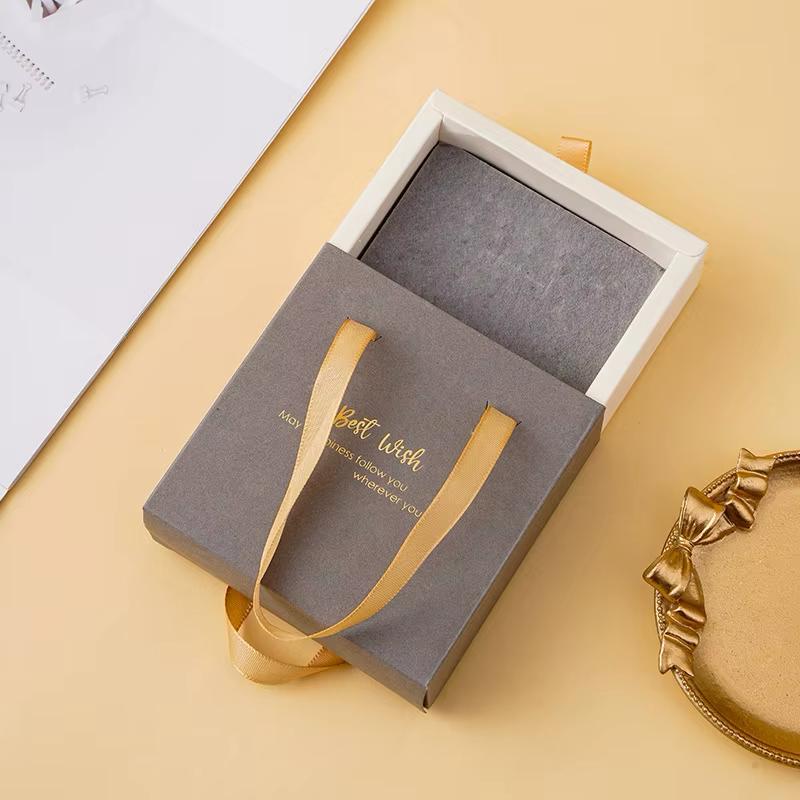 Portable Drawer Gift Box Jewelry Packaging Box grey Sponge Lined Thickened Cardboard Storage Ribbon Handle Jewelry Display Box