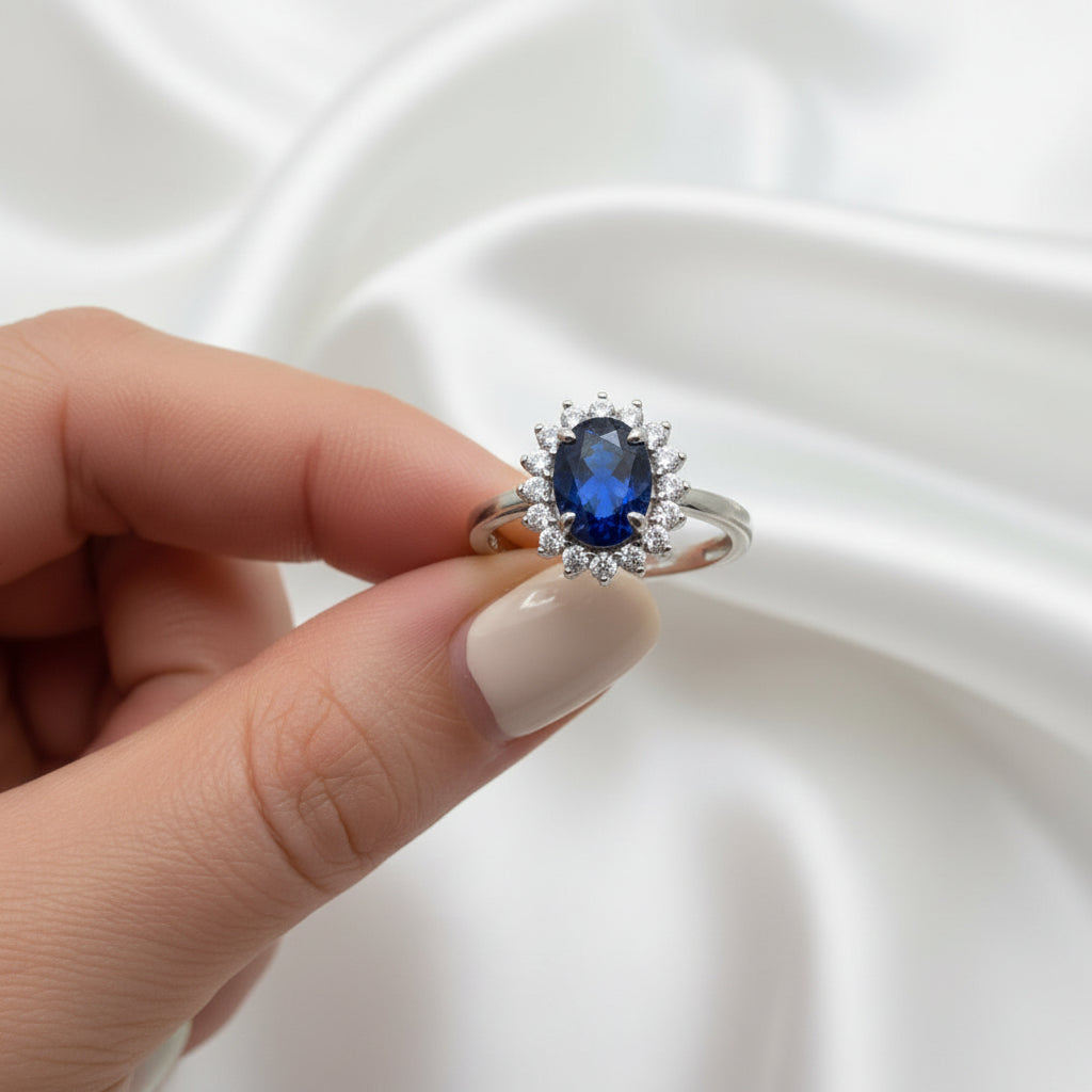 Lady Diana Sapphire Ring – Royal Princess Crystal Silver Ring for Women